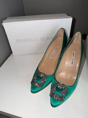 Manolo Blahnik Emerald Green Satin Crystal-Buckle Pumps